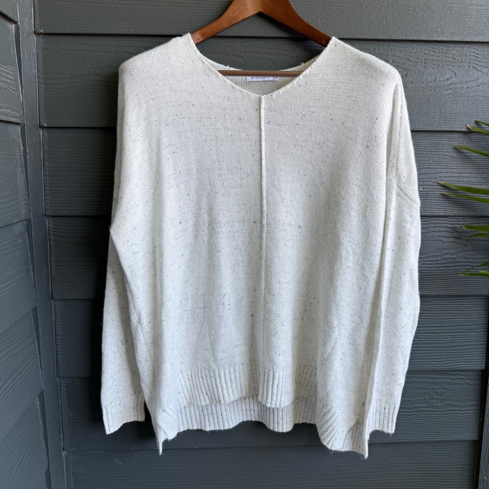 Staccato Speckled Knit Sweater Medium Cream Pullover Hi Low Casual Cozy Soft